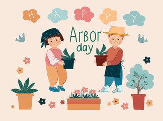 Arbor day. Children standing under a blooming tree preparing to plant saplings .Vector doodle cartoon illustration.