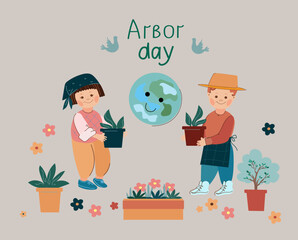 Arbor day. Children standing under a blooming tree preparing to plant saplings .Vector doodle cartoon illustration.