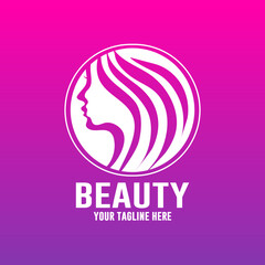 Beautiful woman fashion logo. Template vector linear style on purple and pink gradient background
