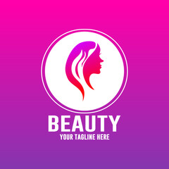 Beautiful woman fashion logo. Template vector linear style on purple and pink gradient background