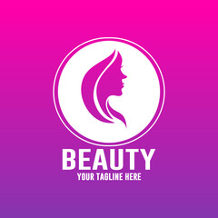 Beautiful woman fashion logo. Template vector linear style on purple and pink gradient background