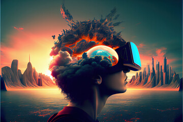 vr headset, double exposure, metaverse, futuristic virtual world, state of consciousness, technology	