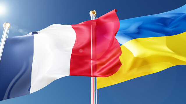 france and ukraine flags waving in the wind against a blue sky. ukrainian and french national symbols 3d rendering