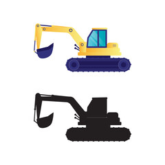 Excavator and black silhouette isolated on white background. Construction equipment, machine for digging holes and trenches.
