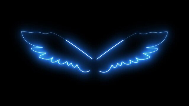 Wing animation. Neon angel wings on a black background.