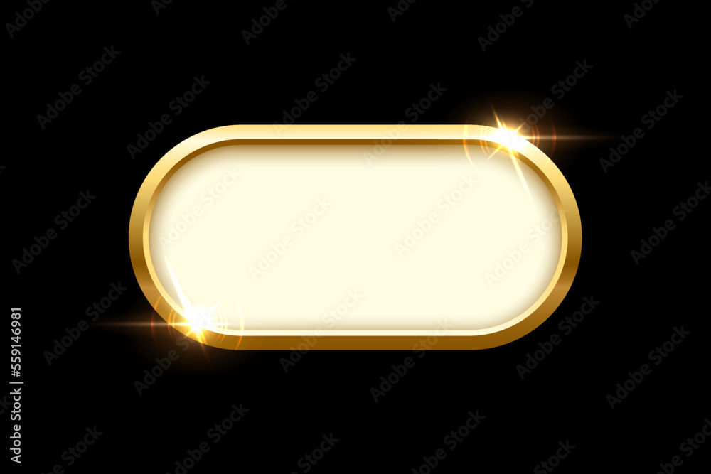 Poster 3d plate button of ellipse shape with golden frame vector illustration. realistic isolated website e