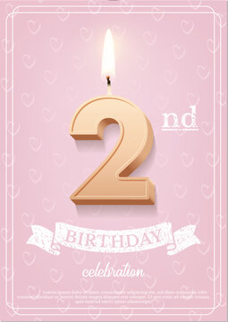 Burning number 2 birthday candle with vintage ribbon and birthday celebration text on textured pink background in postcard format. Vector vertical two birthday invitation template