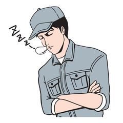 居眠りする日本人作業員
