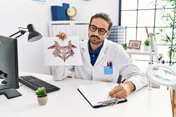 Handsome hispanic man working as psychologist showing rorschach test at professional clinic