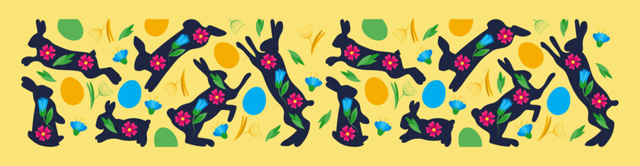 Spring Easter rabbits. Funny bunnies. Cute greeting cards. Folk animal silhouettes. Elegant abstract design. Eggs and blooming flowers. Gold decoration. Vector banner current background