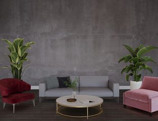 Brutalist living room with furniture, 3d render