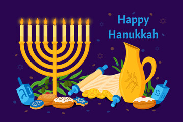 Happy hanukkah, candle and traditional symbols, greeting card. Kids party banner with menorah, dreidel and hebrew money. Olive branch and David star. Vector illustration utter web banner