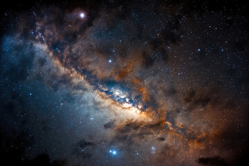 Milky Way galaxy in the background with stars and cosmic dust in the night sky. Generative AI