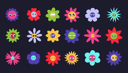 Cute daisy flowers, retro stickers collection. Happy 70s sun face, groovy hippie kids colorful botanical elements, geometric style flora, orange 60s love. Vector cartoon recent isolated set