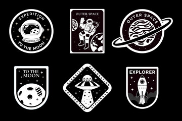 Space astronaut badge, logo design, adventure patch set. Vintage or retro galaxy travel label, earth and moon sticker, science black signs. Cosmonaut exploration. Vector garish illustration