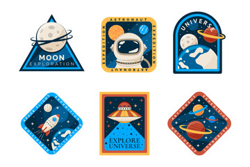 Space badge, astronaut stickers, patches collection. Kid t shirt emblem or logo, astronaut boy travel in galaxy, moon, planet and rocket. Cartoon retro illustration. Vector graphic garish design
