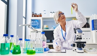 Fototapeta premium Middle age woman wearing scientist uniform holding test tube at laboratory