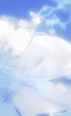 dreamy airy white and blue flower sculpture closeup digital art, AI generated artwork plus editing