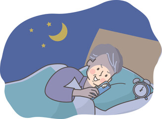 夜ベッドの中でスマホを見るシニア男性のイラスト