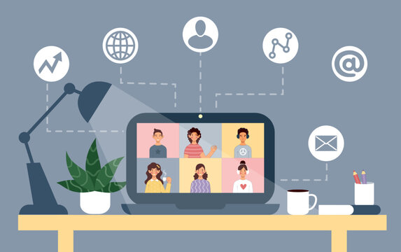 Virtual online zoom conference, digital work. Remote video web communication, education team at home. Internet meeting. Workplace with laptop on table, Vector illustration tidy concept