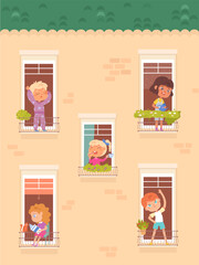 Obraz na płótnie Canvas House windows with cute kids inside, behavior and lifestyle activity of neighbor children