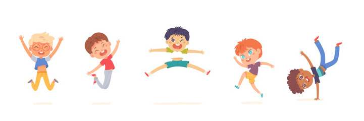 Happy kids jump set vector illustration. Cartoon isolated cute group of active children jumping, energetic different motions and expressions of funny boys, adorable carefree characters play