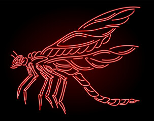 Line art with neon red shiny decorative insect