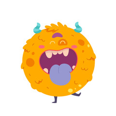 Germ monster vector illustration. Cartoon isolated funny orange virus or bacteria character with scary angry face, open mouth with teeth and tongue, microbe cell or alien creature