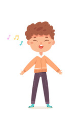 Cute boy singing song vector illustration. Cartoon isolated happy kawaii male singer standing to sing to music at Christmas party, choir performance or school concert on stage