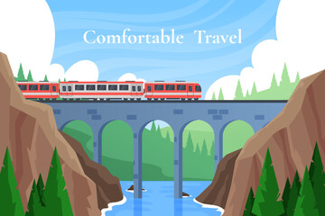 Mountain bridge. Speed railway. Comfortable train travel. Rail business trip. Tourist excursion. Sky and forest landscape. Scenic panorama with river and rocks. Vector garish illustration