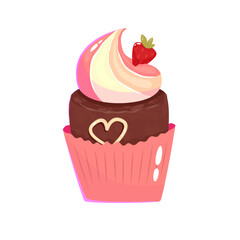 Valentines cupcake with heart and strawberry isolated. Pink muffins chocolate sweet dessert for lovers. Cartoon vector illustration. Bakery for valentines day