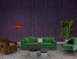 Vintage living room with green sofa, 3d render
