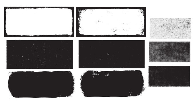 Conjunto de texturas desgastadas vectorizadas. Marcos desgastados en formato alargado. Texturas de polvo, suciedad, part&iacute;culas de ruido, grano