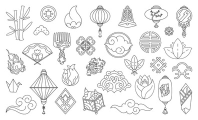 Golden Asian graphic. Traditional Chinese symbols. Outline clouds and lanterns. Oriental textures. Lotus flowers. Sun or Moon. Origami crane. Japanese line icons. Vector design elements set