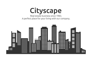Fototapeta premium City buildings silhouette. Skyline cityscape. Real estate. Urban landscape. Downtown panorama. New office skyscraper style. Company banner design. Vector cartoon garish illustration
