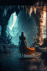 Fantasy sorceress princess ina a magic cave, generative AI