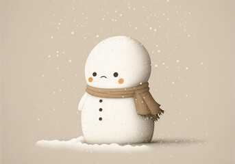 Cute sad snowman character with a scarf outside while it's snowing