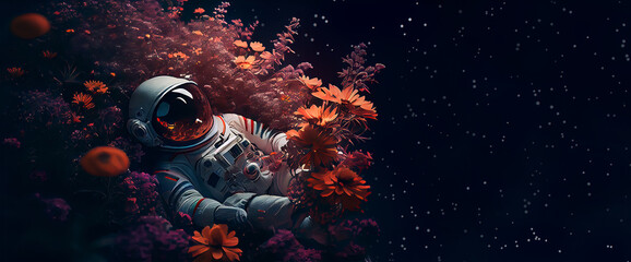Astronaut in space lying in flowers. Dressed in a spacesuit. Surrounded by the starry sky. Sci-fi surrealistic illustration. Valentine’s day. Card, board. Generative AI. Copy space.