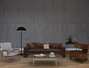 Modern living room with furniture, front of the concrete wall, 3d render