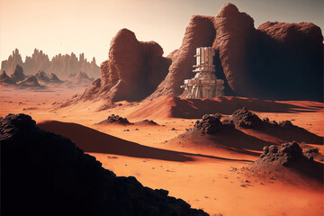 Astronaut on red planet mars. Colonization of Mars, generative ai