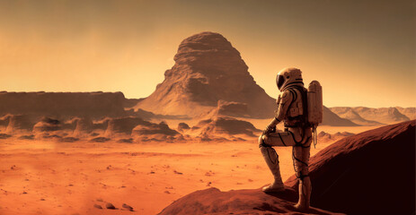 Astronaut on red planet mars. Colonization of Mars, generative ai