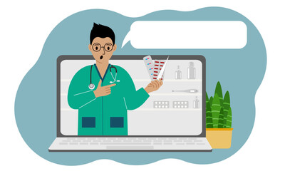 Online consultation or feedback concept. Laptop with a picture of a male pharmacist with medicines in his hand.