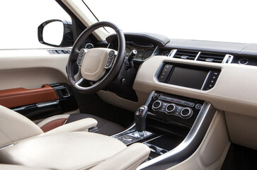Car interior luxury. red leather comfortable seats, steering wheel, dashboard, climate control, speedometer, display, leather