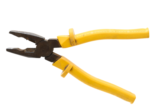 Alicate universal usado, feito de aço e plástico 