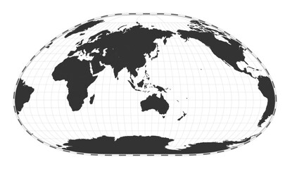 Vector world map. Loximuthal projection. Plain world geographical map with latitude and longitude lines. Centered to 120deg W longitude. Vector illustration.