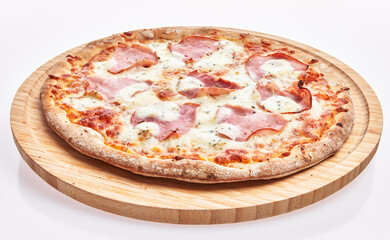  Wooden plate of italian prosciutto pizza over white isolated background