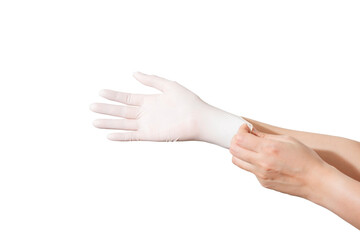 Doctor or nurse wearing gloves to care for a patient, white background