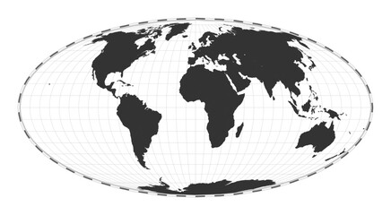 Vector world map in Mollweide projection, featuring latitude and longitude lines. Centered at 0 degrees longitude. A plain geographical map for educational or travel purposes.
