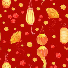 Seamless pattern of dragons and fans in orange and white on a red background. Chinese New Year seamless pattern. Lunar New Year symbol. For wallpaper, fabric, wrapping paper, cove