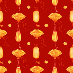 Chinese New Year seamless pattern. Lunar New Year symbol. For wallpaper, fabric, wrapping paper, cover. Sky lanterns, red paper oriental lamps hanging.	